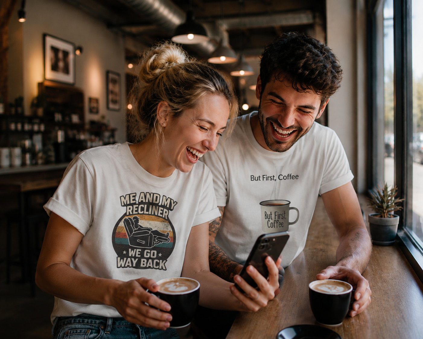 Couple laughing at a coffee shop in Bridgepoint Cloth tees