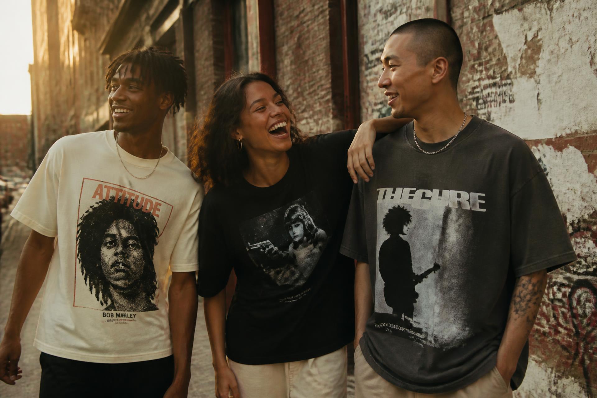 Friends wearing Bridge Point Clothing premium graphic tees on a city street at golden hour