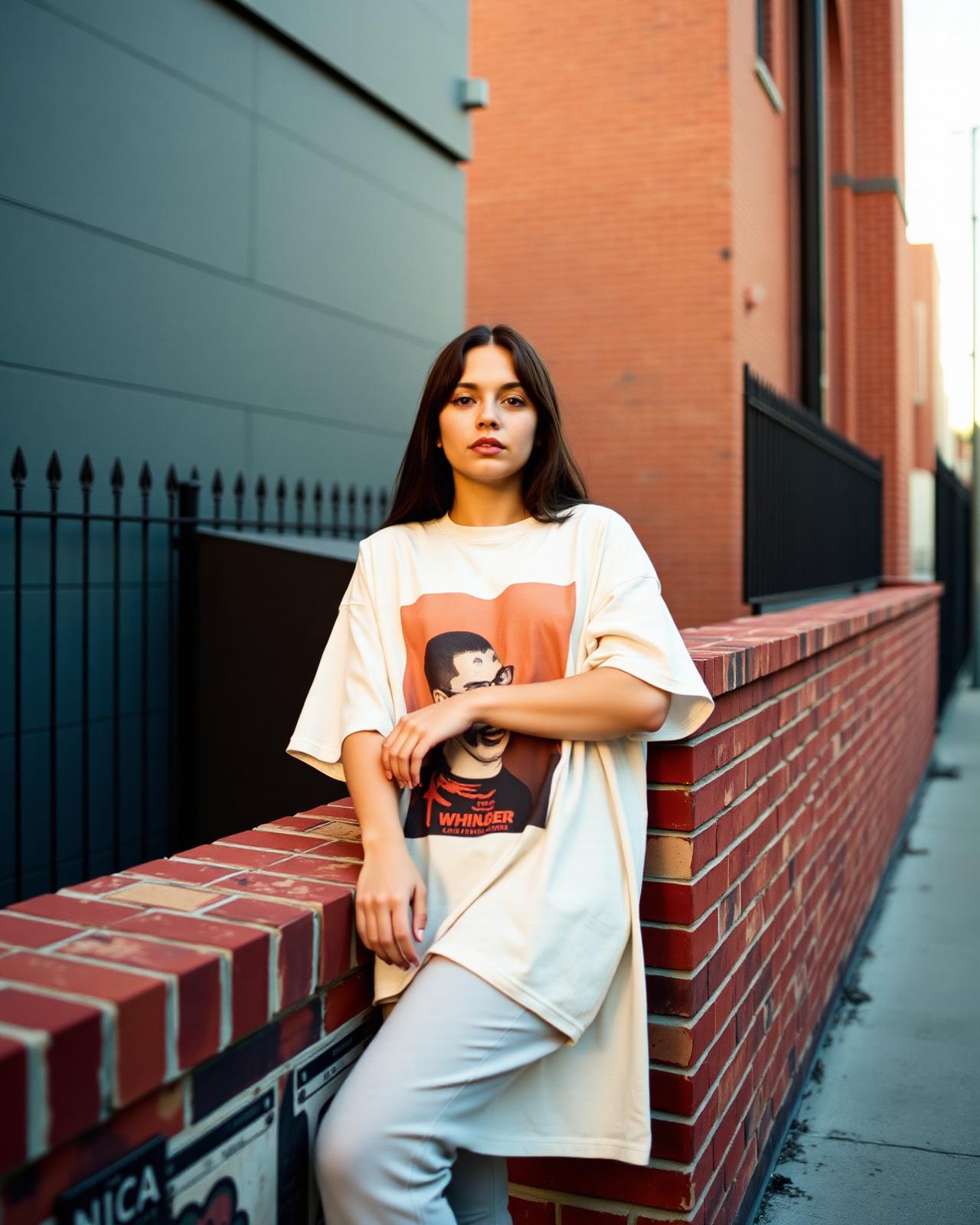 Model wearing a Bridge Point Clothing oversized graphic tee against an urban brick wall